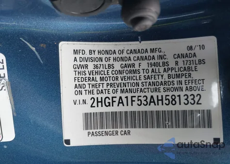 2010 Honda Civic Lx z USA, uszkodzony, nr VIN 2HGFA1F53AH581332